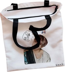 Sacosa de Panza pentru Cumparaturi, Geanta Tote, model BTS J-Hope 2, Cu fermoar, 38x34.5 cm, Alba, BEKZ®