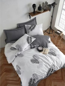 Set lenjerie pat PIPONG, bumbac/poliester, alb/gri, 220x240 cm, cu hus