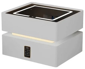 Noptieră inteligentă cu &icirc;ncărcare wireless, iluminare LED, 2 sertare de depozitare, senzor de lumină nocturnă și &icirc;ncuietoare codificată &ndash; albă, design modern din sticlă și lemn