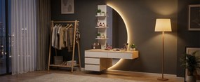 Masuta machiaj cu Oglinda LED si 4 Sertare pentru Cosmetice, Set Masa toaleta 106 cm, Alb - Maro, masuta cosmetica, vanity cu Riflaj si Rafturi -