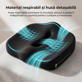 Perna ortopedica sezut memory foam ORTO COCCIS, husa mesh 3D, Negru