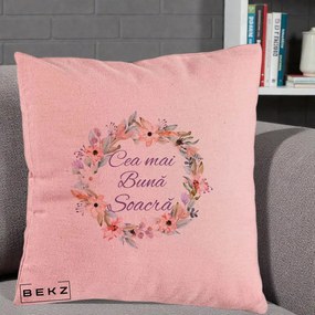 Cadou pentru Soacra - Perna Personalizata Cea mai Buna Soacra cu Coronita Flori Boho Pastel, 40x40 cm, Roz, Husa Detasabila, Perna Inclusa, BEKZ®