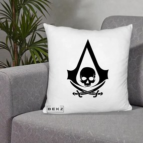 Perna Personalizata Assassin's Creed Black Flag Skull, 40x40 cm, Alb Pufos, Husa Detasabila, Perna Inclusa, BEKZ®