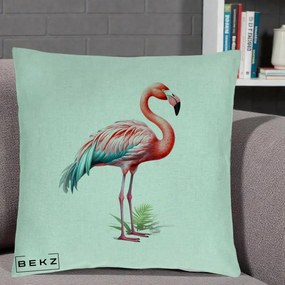Perna Decorativa Flamingo Roz cu Pene Teal, 40x40 cm, Verde Menta, Husa Detasabila, Perna Inclusa, BEKZ®