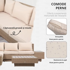 Outsunny Set Living de Gradina din Rattan, 4 Piese, Coltar pentru Exterior cu Perne, Masute Laterale si Masuta de Cafea, Maro Deschis | Aosom Romania