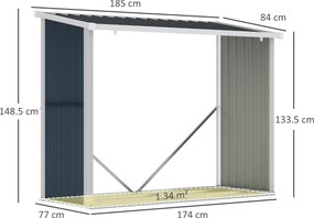 Outsunny Șopron pentru lemne din oțel galvanizat, adăpost depozitare bușteni cu acoperiș înclinat pentru grădină/terasă exterior 185x84x133,5/148,5 cm Gri | Aosom Romania
