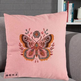 Perna Decorativa Fluture Boho Floral, 40x40 cm, Roz, Husa Detasabila, Perna Inclusa, BEKZ®