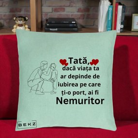 Cadou pentru Tata - Perna Personalizata Tata Nemuritor cu Inimi Rosii, 40x40 cm, Verde Menta, Husa Detasabila, Perna Inclusa, BEKZ®