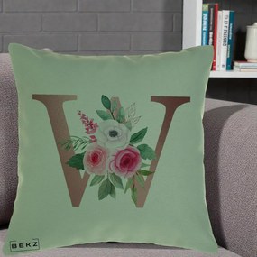 Cadou Personalizat - Perna Personalizata Monograma Rose Gold Litera W cu Trandafiri si Anemona, 40x40 cm, Verde, Husa Detasabila, Perna Inclusa, BEKZ®