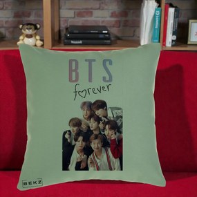 Perna Personalizata K-pop BTS Forever cu Foto Grup Negru, 40x40 cm, Verde, Husa Detasabila, Perna Inclusa, BEKZ®