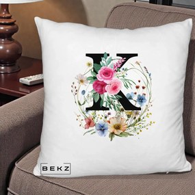 Cadou Personalizat - Perna Personalizata Monogram Litera K cu Flori Acuarela, 40x40 cm, Alb Pufos, Husa Detasabila, Perna Inclusa, BEKZ®