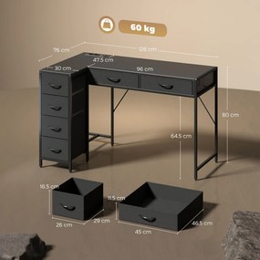 HOMCOM Birou de Colț Reversibil cu Prize și Porturi USB, 126x48 cm Birou în Formă de L cu 6 Sertare din Material Textil, Cârlig Lateral, pentru Computer, Birou, Cameră, Negru | Aosom Romania