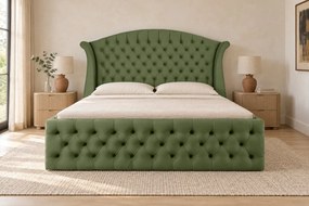 Pat tapițat Chesterfield din catifea Sorella Simple 180×200 cm, kaki, cu ladă de depozitare