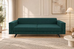 Canapea extensibilă Rosalia din stofă, verde, picioare negre, cu ladă de depozitare