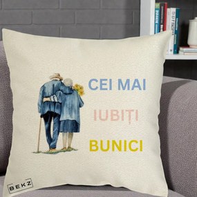 Cadou pentru Bunici - Perna Personalizata Cei Mai Iubiti Bunici Acuarela Spate, 40x40 cm, Ecru, Husa Detasabila, Perna Inclusa, BEKZ®