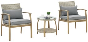 Outsunny Set Mobilier Terasă 3 Piese din Răchită, Salon Exterior cu Perne Moi și Masă de Cafea din Sticlă Securizată, Confortabil | Aosom Romania