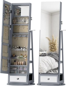 HOMCOM Oglindă portarbijuterii cu lumini LED Dulap portarbijuterii cu oglindă completă Rotativ de 360° Sertar Încuietoare Gri deschis | Aosom Romania