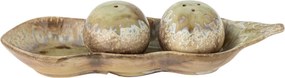 Set solniță și piperniță vintage din ceramică bej cu suport, 26x6x8 cm, „Kayo"