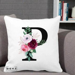 Cadou Personalizat - Perna Personalizata Monograma Florala Litera P, 40x40 cm, Alba Mata, Husa Detasabila, Perna Inclusa, BEKZ®