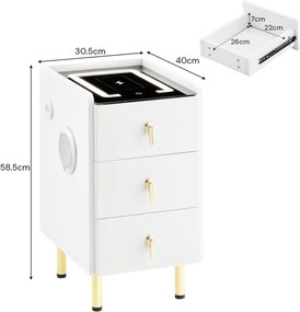 NOA1 - Set 2x Noptiere Smart, 30 cm, cu 3 sertare, LED, USB, Bluetooth, Incarcator Wireless, mobilier dormitor - Alb