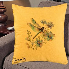Perna Decorativa Libelula Acuarela Flori Albastre, 40x40 cm, Galben, Husa Detasabila, Perna Inclusa, BEKZ®