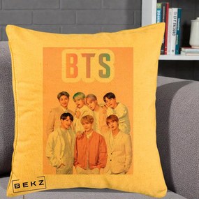Perna Personalizata K-pop BTS Foto Grup cu BTS si Fond Roz Pastel, 40x40 cm, Galben, Husa Detasabila, Perna Inclusa, BEKZ®
