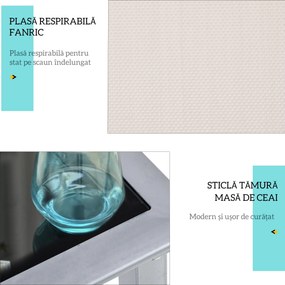 Outsunny Set de 2 Șezlonguri și Măsuță cu Blat din Sticlă, 59x169x66 cm, Crem | Aosom Romania