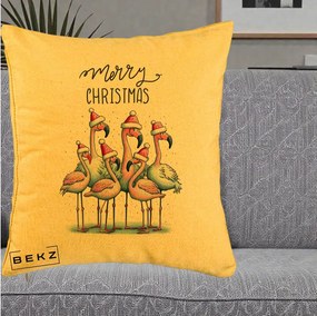 Perna Decorativa Flamingo Merry Christmas, 40x40 cm, Galben, Husa Detasabila, Perna Inclusa, BEKZ®