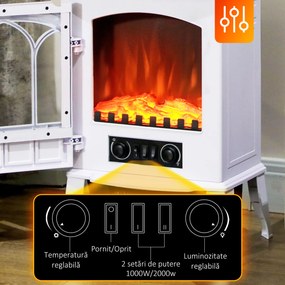 HOMCOM Șemineu Electric de Podea 1000W/2000W Efect de Flacără Luminositate Reglabilă Alb | Aosom Romania
