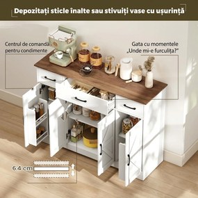 HOMCOM Bufet Bucătărie Rustic, Bufet cu Uși Soft-Close, 3 Sertare, 3 Rafturi Reglabile, Portaspecii, PAL, MDF, Alb | Aosom Romania