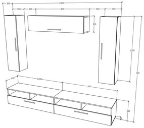 Living haaus Haga V19, Alb Lucios/Negru, MDF, L 240 cm