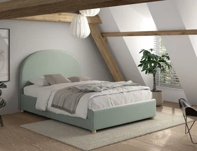 Set MOON: pat tapițat 90 x 200 cm verde cu țesătură bouclé și spațiu de depozitare + taburet verde multifuncțional – Vipack