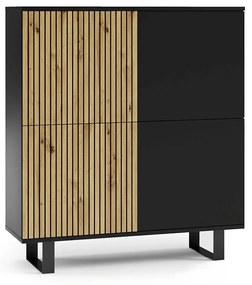 Comoda moderna cu 4 usi , pentru living ,dormitor, deschidere push open, rafturi, model riflaj , stejar  negru , picioare negre moderne,  ,100 x114x40