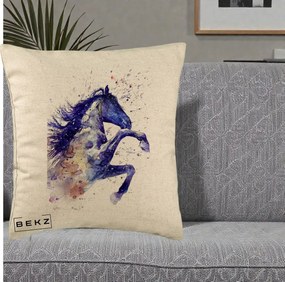 Perna Decorativa Cal Albastru Acuarela, 40x40 cm, Bej, Husa Detasabila, Perna Inclusa, BEKZ®