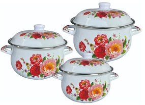 Set 3 oale cu capac emailat Rosberg R54518F3, 6 piese, Emailate, Inducție, Alb/ Imprimeu floral