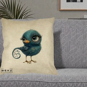 Perna Decorativa Pasare Teal cu Motive Aurii si Coada Spiralata, 40x40 cm, Crem, Husa Detasabila, Perna Inclusa, BEKZ®