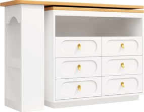 Masă de bar extensibilă cu rotire 360°, 6 sertare și raft lateral pentru gustări, 137-203x39x90 cm, Alb