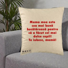 Cadou pentru Mama - Perna Personalizata Mama cea Mai Buna Bucatareasa, 40x40 cm, Bej, Husa Detasabila, Perna Inclusa, BEKZ®
