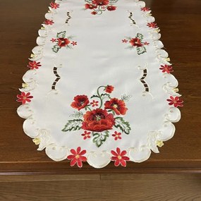 Traversa pentru masa centrală cu broderie frumoasă de maci în culoarea crem Lățime: 40 cm | Lungime: 160 cm