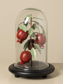 Cupolă decorativă din sticlă, pom din metal cu rodii și frunze pictate, bordo și verde, bază din lemn de mango, finisaj mat, 32 x 23 cm, „Grenadine”