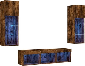 vidaXL Unități de perete TV cu LED-uri, 5 piese, stejar fumuriu, lemn