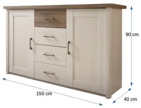 Comoda Leon, 2 Usi Si 4 Sertare, Pin Alb Si Truffel, 150 Cm