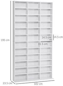 HOMCOM Bibliotecă CD de perete cu 24 de rafturi reglabile, 130,5x89x20 cm, alb | Aosom Romania