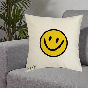 Perna Decorativa Smiley Face Galben Clasic, 40x40 cm, Ecru, Husa Detasabila, Perna Inclusa, BEKZ®