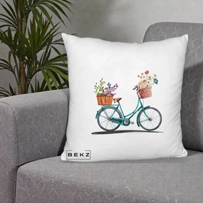 Perna Decorativa Bicicleta Florala Turcoaz Acuarela, 40x40 cm, Alb Pufos, Husa Detasabila, Perna Inclusa, BEKZ®