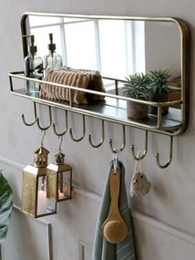Oglindă cu raft și 8 agățători, din metal și sticlă, finisaj alamă antichizată, H 44.5 cm