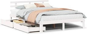 vidaXL Cadru de pat cu sertare, alb, 150x200 cm, lemn masiv pin