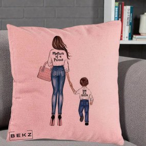 Cadou pentru Mama - Perna Personalizata, Model Mother of a Prince, 40x40 cm, Roz, Husa Detasabila, Perna Inclusa, BEKZ®