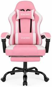 Scaun gaming, Masaj în perna lombară, Suport picioare, Rabatabil 90-165°, piele PU, Roz/Alb
