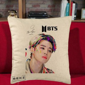 Perna Personalizata K-pop BTS Jimin Portret Artistic Multicolor cu Autograf, 40x40 cm, Bej, Husa Detasabila, Perna Inclusa, BEKZ®